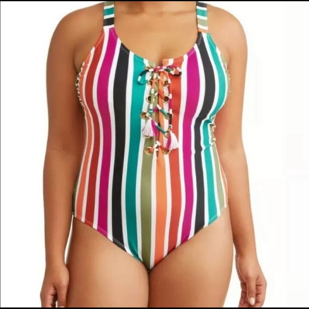 Terra & Sky Plus Size Colorful Striped Swimsuit